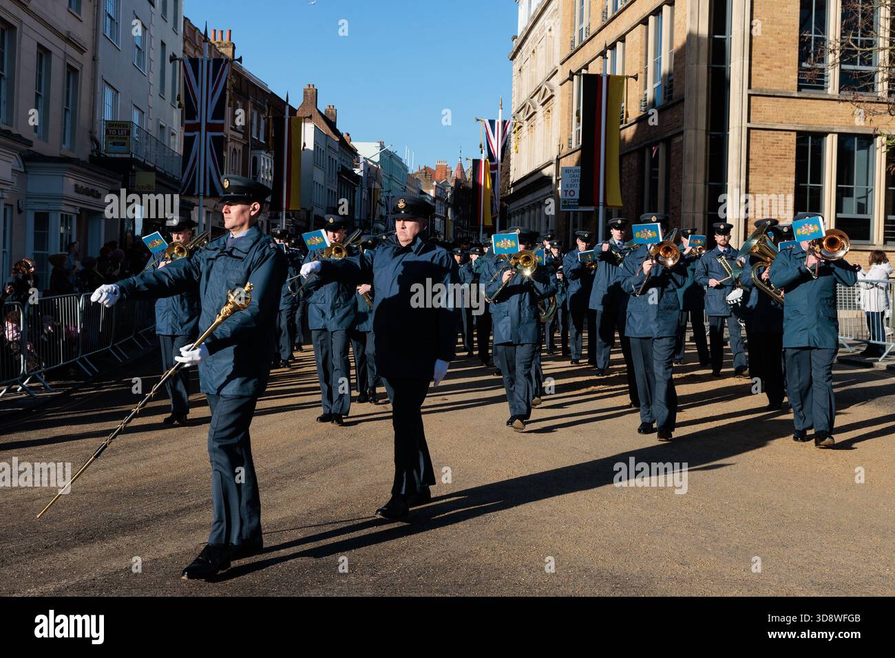 Windsor, UK. 2nd December, 2025. A military band passes along the High Street during a rehearsal for a carriage ride as part of a state visit by the German President Frank-Walter Steinmeier. King Charles III will host Mr Steinmeier and his wife Elke BŸdenbender at Windsor Castle from 3rd-5th December. Credit: Mark Kerrison/Alamy Live News Stock Photo