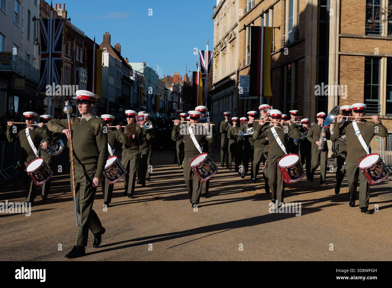 Windsor, UK. 2nd December, 2025. A military band passes along the High Street during a rehearsal for a carriage ride as part of a state visit by the German President Frank-Walter Steinmeier. King Charles III will host Mr Steinmeier and his wife Elke BŸdenbender at Windsor Castle from 3rd-5th December. Credit: Mark Kerrison/Alamy Live News Stock Photo