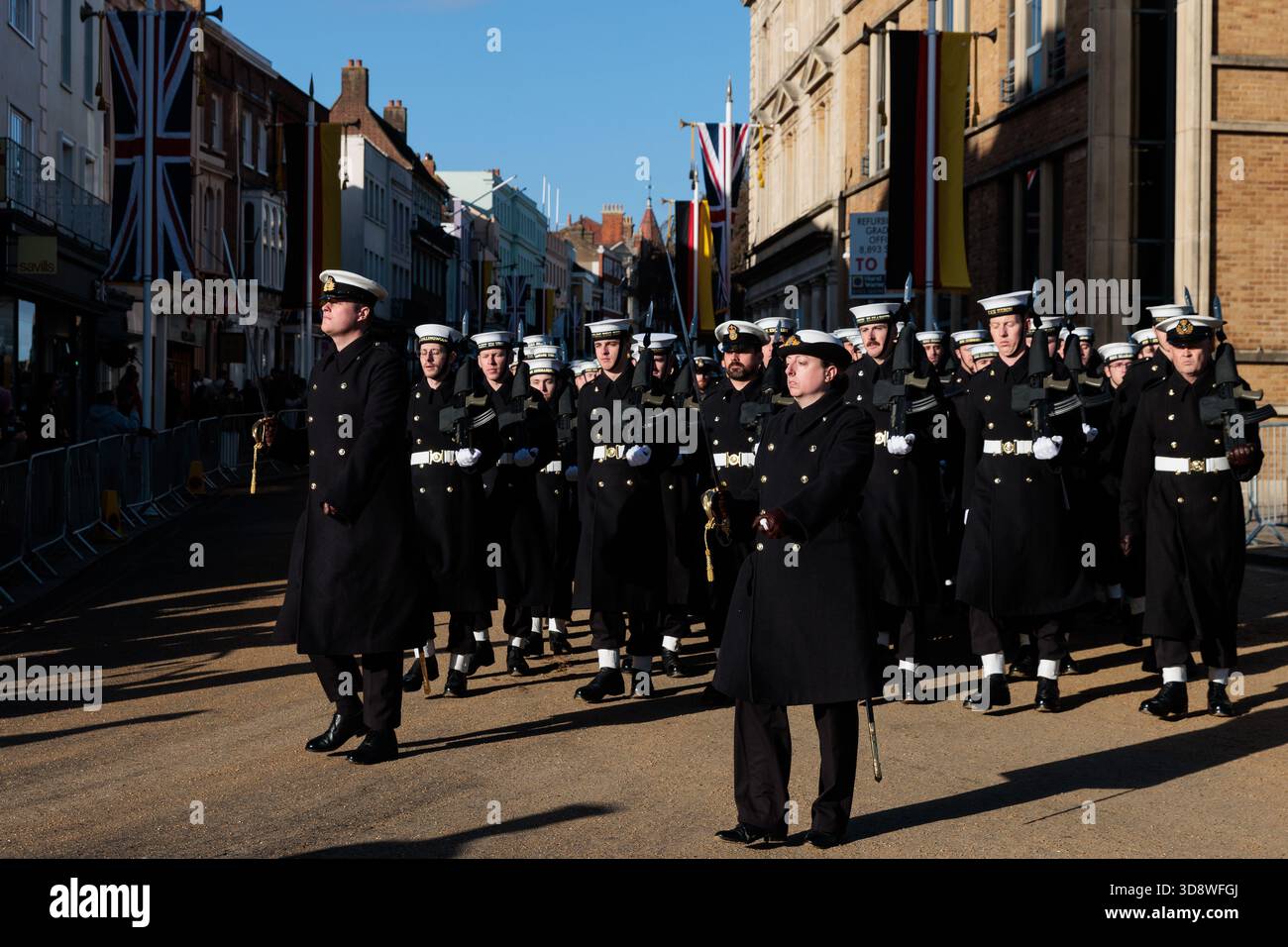 Windsor, UK. 2nd December, 2025. Royal Navy personnel march along the High Street during a rehearsal for a carriage ride as part of a state visit by the German President Frank-Walter Steinmeier. King Charles III will host Mr Steinmeier and his wife Elke BŸdenbender at Windsor Castle from 3rd-5th December. Credit: Mark Kerrison/Alamy Live News Stock Photo