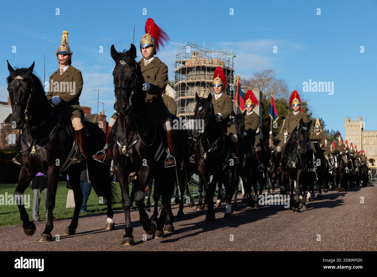Windsor, UK. 2nd December, 2025. Mounted guards pass along the Long Walk in front of Windsor Castle during a rehearsal for a carriage ride as part of a state visit by the German President Frank-Walter Steinmeier. King Charles III will host Mr Steinmeier and his wife Elke BŸdenbender at Windsor Castle from 3rd-5th December. Credit: Mark Kerrison/Alamy Live News Stock Photo