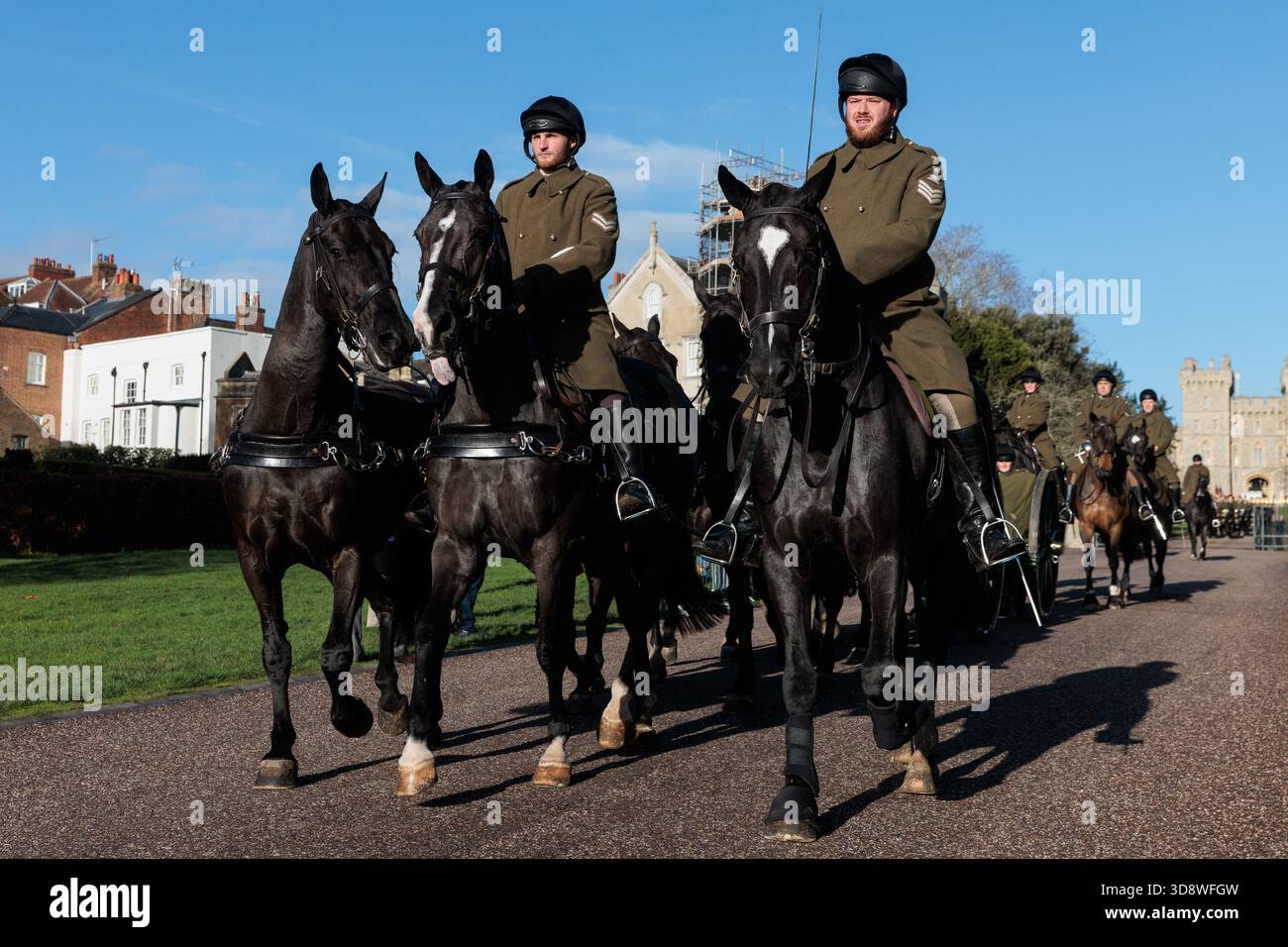Windsor, UK. 2nd December, 2025. Military personnel pass along the Long Walk in front of Windsor Castle during a rehearsal for a carriage ride as part of a state visit by the German President Frank-Walter Steinmeier. King Charles III will host Mr Steinmeier and his wife Elke BŸdenbender at Windsor Castle from 3rd-5th December. Credit: Mark Kerrison/Alamy Live News Stock Photo