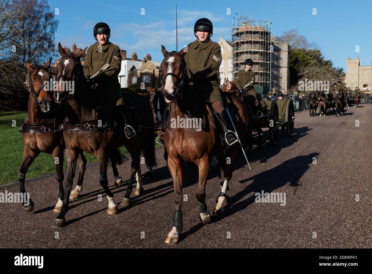 Windsor, UK. 2nd December, 2025. Military personnel pass along the Long Walk in front of Windsor Castle during a rehearsal for a carriage ride as part of a state visit by the German President Frank-Walter Steinmeier. King Charles III will host Mr Steinmeier and his wife Elke BŸdenbender at Windsor Castle from 3rd-5th December. Credit: Mark Kerrison/Alamy Live News Stock Photo