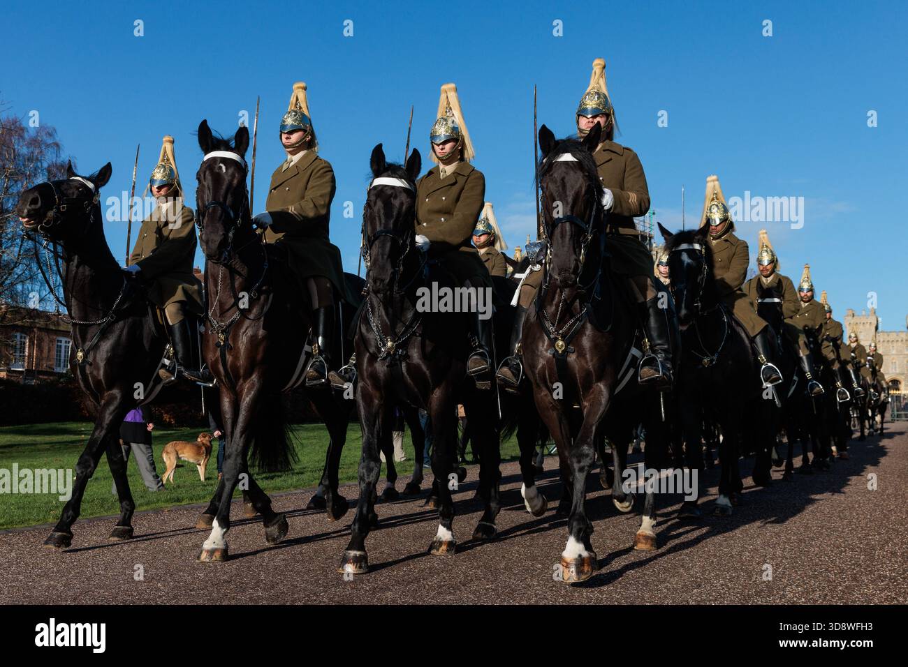 Windsor, UK. 2nd December, 2025. Mounted guards pass along the Long Walk in front of Windsor Castle during a rehearsal for a carriage ride as part of a state visit by the German President Frank-Walter Steinmeier. King Charles III will host Mr Steinmeier and his wife Elke BŸdenbender at Windsor Castle from 3rd-5th December. Credit: Mark Kerrison/Alamy Live News Stock Photo