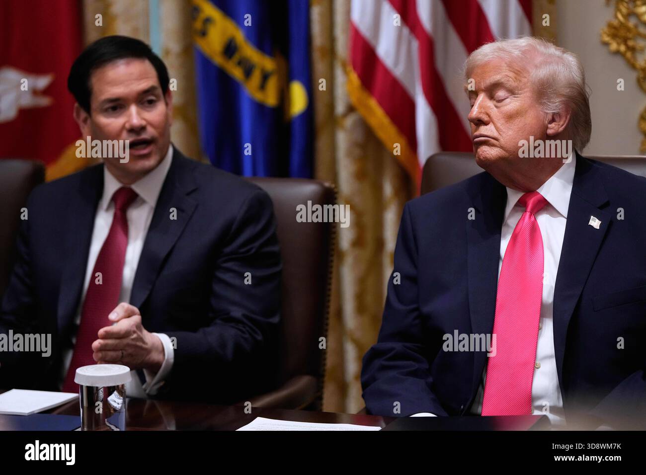 Secretary of State Marco Rubio speaks next to President Donald Trump ...