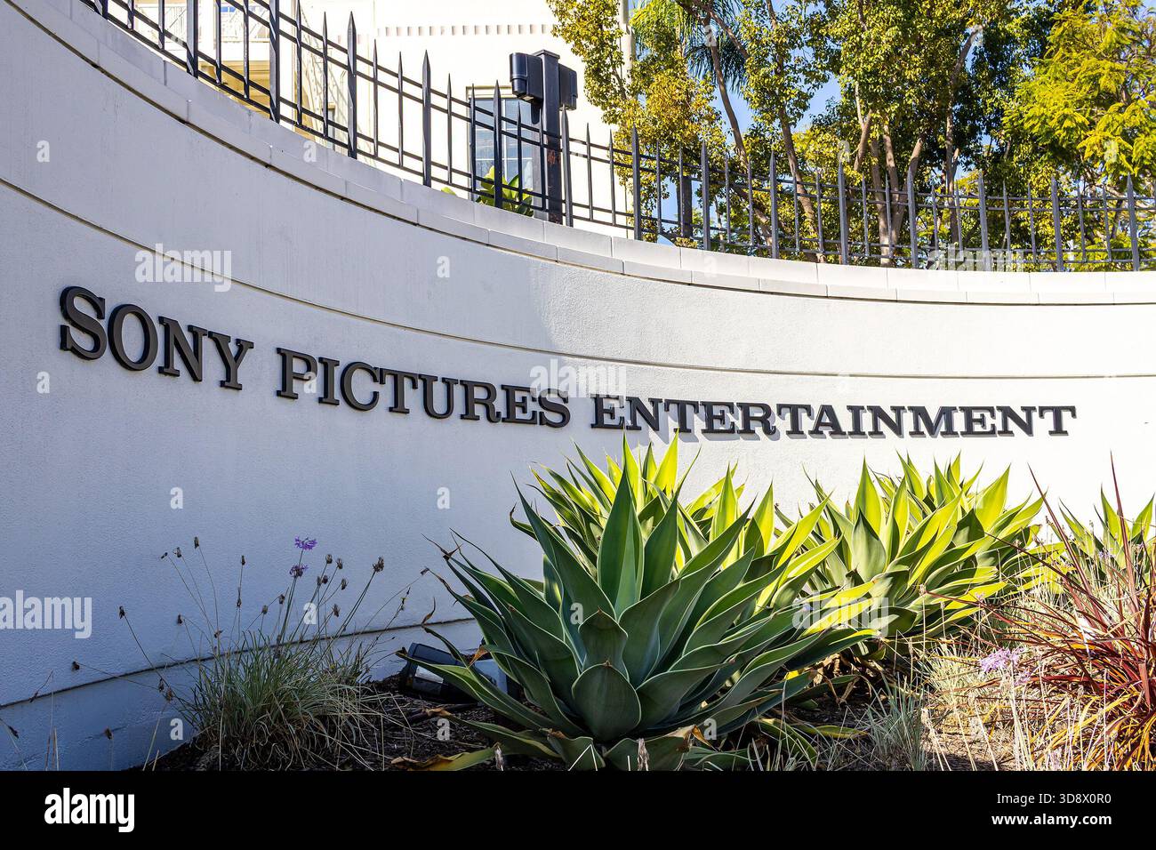 Sony Pictures Entertainment sign and logo at the Sony Pictures Studios television and film studio complex in Culver City, California Stock Photo