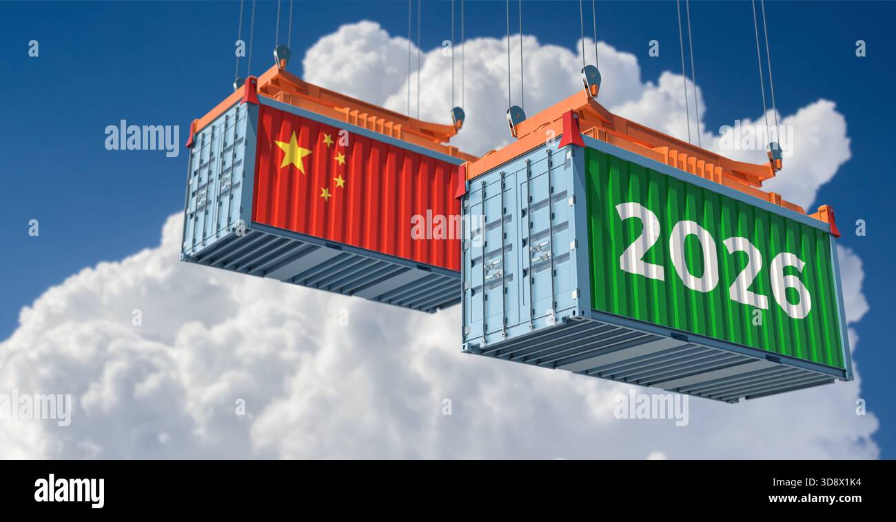 Trading 2026. Freight container with China national flag. 3D Rendering Stock Photo