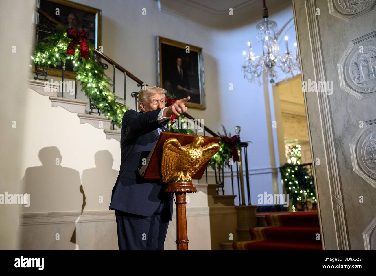 President Donald Trump delivers remarks to staff during a Christmas ...
