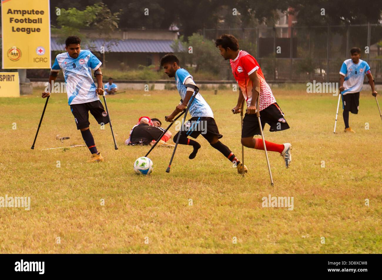 Dhaka, Dhaka, BANGLADESH. 2nd Dec, 2025. Players with physical disabilities take part in an amputee football match in Dhaka, Bangladesh, on 02 December 2025. The country's first-ever Amputee Football League, launched with support from Sports for Hope & Independence and the International Committee of the Red Cross, began as part of activities marking the International Day of Persons with Disabilities. (Credit Image: © Abu Sufian Jewel/ZUMA Press Wire) EDITORIAL USAGE ONLY! Not for Commercial USAGE! Stock Photo