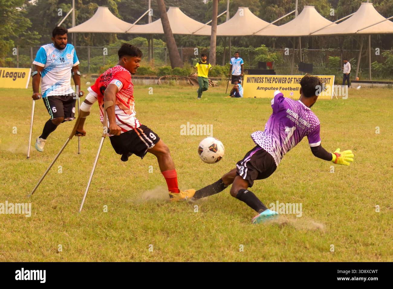 Dhaka, Dhaka, BANGLADESH. 2nd Dec, 2025. Players with physical disabilities take part in an amputee football match in Dhaka, Bangladesh, on 02 December 2025. The country's first-ever Amputee Football League, launched with support from Sports for Hope & Independence and the International Committee of the Red Cross, began as part of activities marking the International Day of Persons with Disabilities. (Credit Image: © Abu Sufian Jewel/ZUMA Press Wire) EDITORIAL USAGE ONLY! Not for Commercial USAGE! Stock Photo