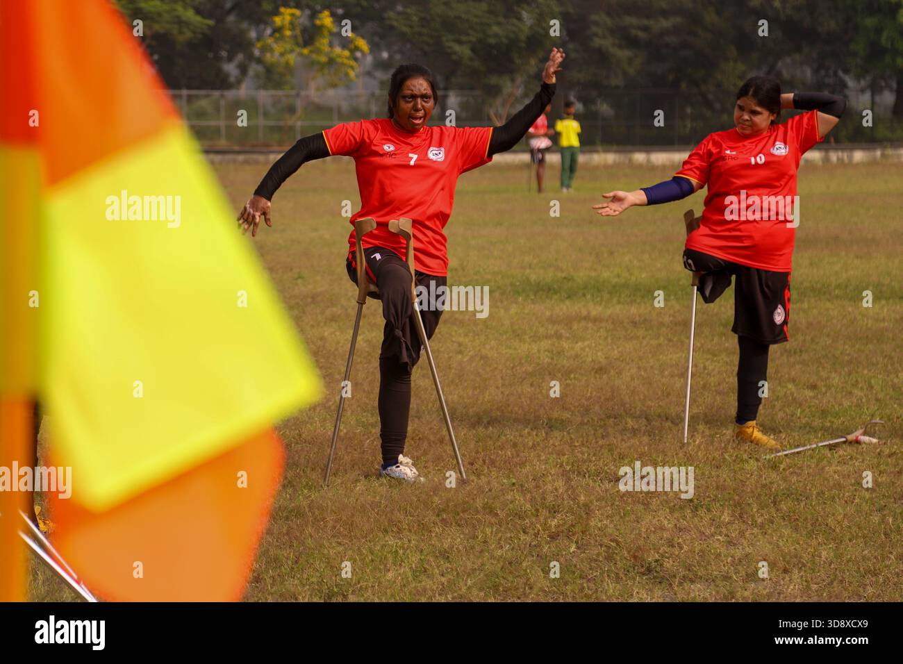 Dhaka, Dhaka, BANGLADESH. 2nd Dec, 2025. Players with physical disabilities take part in an amputee football match in Dhaka, Bangladesh, on 02 December 2025. The country's first-ever Amputee Football League, launched with support from Sports for Hope & Independence and the International Committee of the Red Cross, began as part of activities marking the International Day of Persons with Disabilities. (Credit Image: © Abu Sufian Jewel/ZUMA Press Wire) EDITORIAL USAGE ONLY! Not for Commercial USAGE! Stock Photo