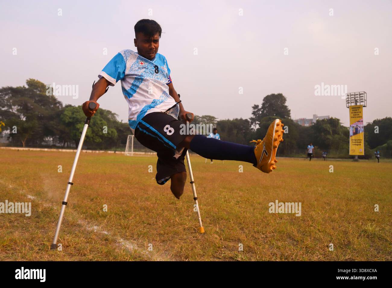 Dhaka, Dhaka, BANGLADESH. 2nd Dec, 2025. Players with physical disabilities take part in an amputee football match in Dhaka, Bangladesh, on 02 December 2025. The country's first-ever Amputee Football League, launched with support from Sports for Hope & Independence and the International Committee of the Red Cross, began as part of activities marking the International Day of Persons with Disabilities. (Credit Image: © Abu Sufian Jewel/ZUMA Press Wire) EDITORIAL USAGE ONLY! Not for Commercial USAGE! Stock Photo