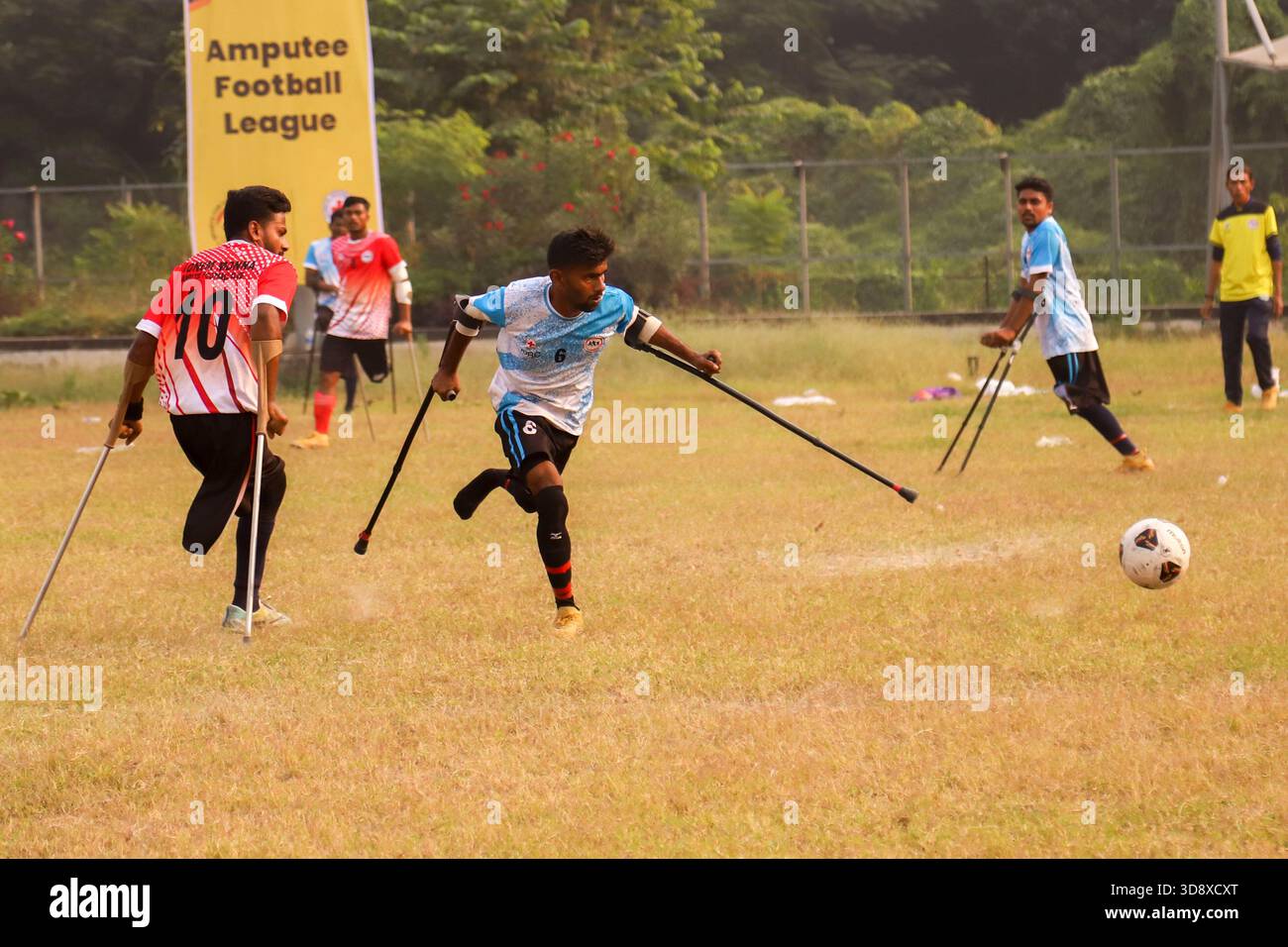 Dhaka, Dhaka, BANGLADESH. 2nd Dec, 2025. Players with physical disabilities take part in an amputee football match in Dhaka, Bangladesh, on 02 December 2025. The country's first-ever Amputee Football League, launched with support from Sports for Hope & Independence and the International Committee of the Red Cross, began as part of activities marking the International Day of Persons with Disabilities. (Credit Image: © Abu Sufian Jewel/ZUMA Press Wire) EDITORIAL USAGE ONLY! Not for Commercial USAGE! Stock Photo