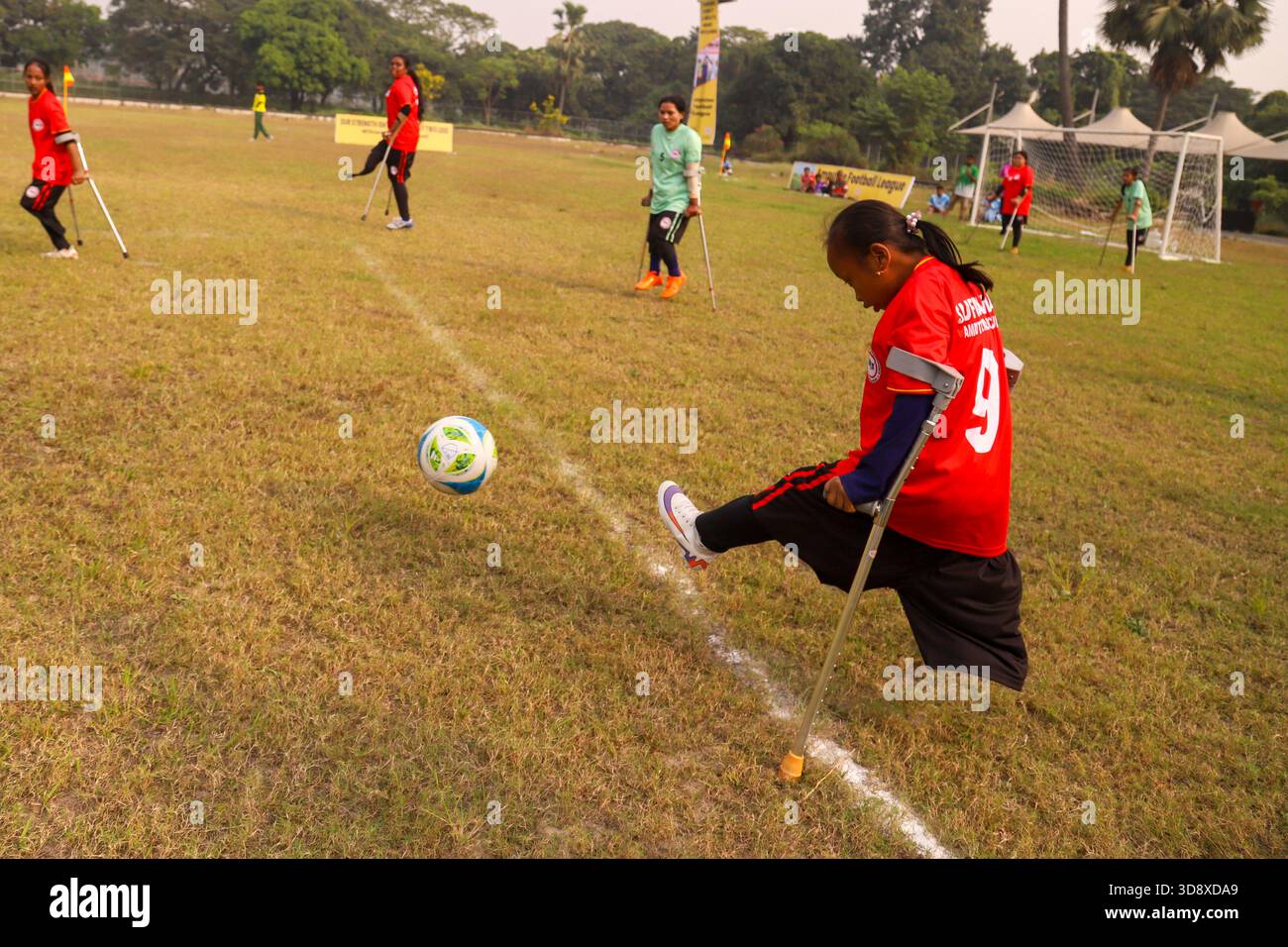 Dhaka, Dhaka, BANGLADESH. 2nd Dec, 2025. Players with physical disabilities take part in an amputee football match in Dhaka, Bangladesh, on 02 December 2025. The country's first-ever Amputee Football League, launched with support from Sports for Hope & Independence and the International Committee of the Red Cross, began as part of activities marking the International Day of Persons with Disabilities. (Credit Image: © Abu Sufian Jewel/ZUMA Press Wire) EDITORIAL USAGE ONLY! Not for Commercial USAGE! Stock Photo
