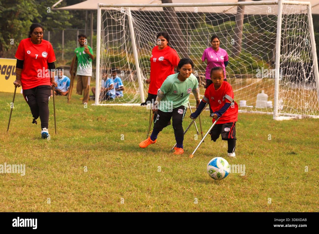 Dhaka, Dhaka, BANGLADESH. 2nd Dec, 2025. Players with physical disabilities take part in an amputee football match in Dhaka, Bangladesh, on 02 December 2025. The country's first-ever Amputee Football League, launched with support from Sports for Hope & Independence and the International Committee of the Red Cross, began as part of activities marking the International Day of Persons with Disabilities. (Credit Image: © Abu Sufian Jewel/ZUMA Press Wire) EDITORIAL USAGE ONLY! Not for Commercial USAGE! Stock Photo