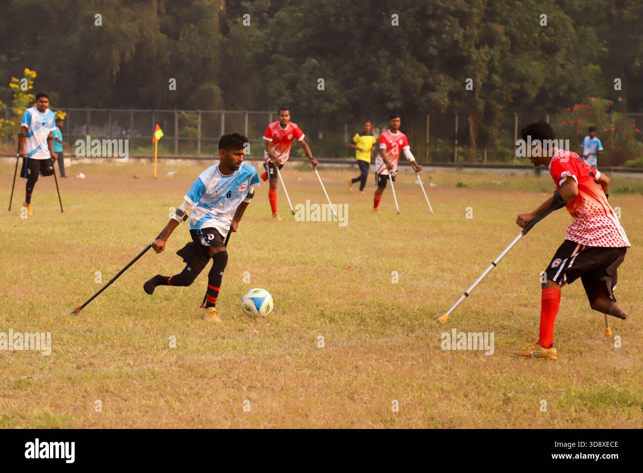 Dhaka, Dhaka, BANGLADESH. 2nd Dec, 2025. Players with physical disabilities take part in an amputee football match in Dhaka, Bangladesh, on 02 December 2025. The country's first-ever Amputee Football League, launched with support from Sports for Hope & Independence and the International Committee of the Red Cross, began as part of activities marking the International Day of Persons with Disabilities. (Credit Image: © Abu Sufian Jewel/ZUMA Press Wire) EDITORIAL USAGE ONLY! Not for Commercial USAGE! Stock Photo