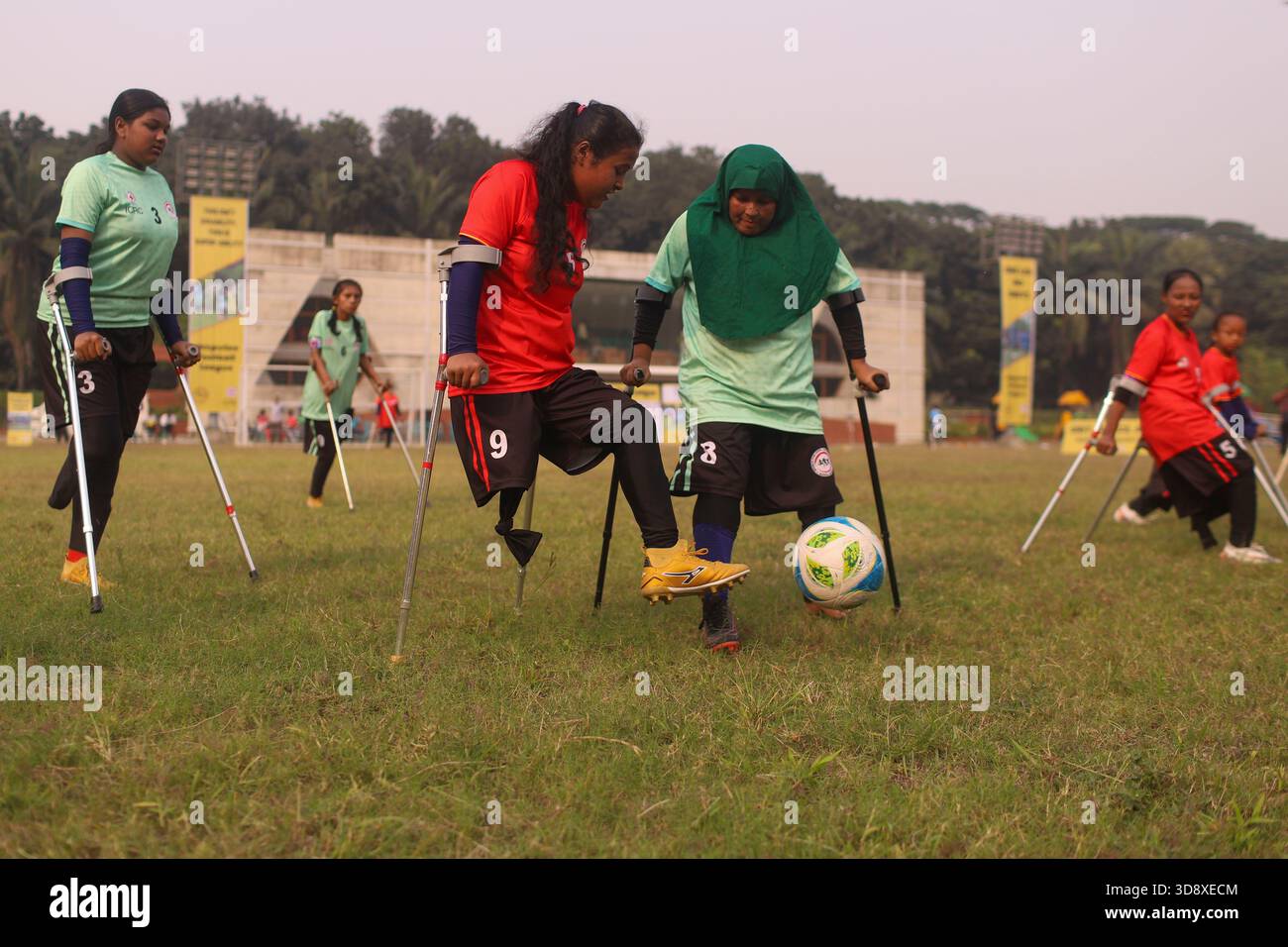 Dhaka, Dhaka, BANGLADESH. 2nd Dec, 2025. Players with physical disabilities take part in an amputee football match in Dhaka, Bangladesh, on 02 December 2025. The country's first-ever Amputee Football League, launched with support from Sports for Hope & Independence and the International Committee of the Red Cross, began as part of activities marking the International Day of Persons with Disabilities. (Credit Image: © Abu Sufian Jewel/ZUMA Press Wire) EDITORIAL USAGE ONLY! Not for Commercial USAGE! Stock Photo
