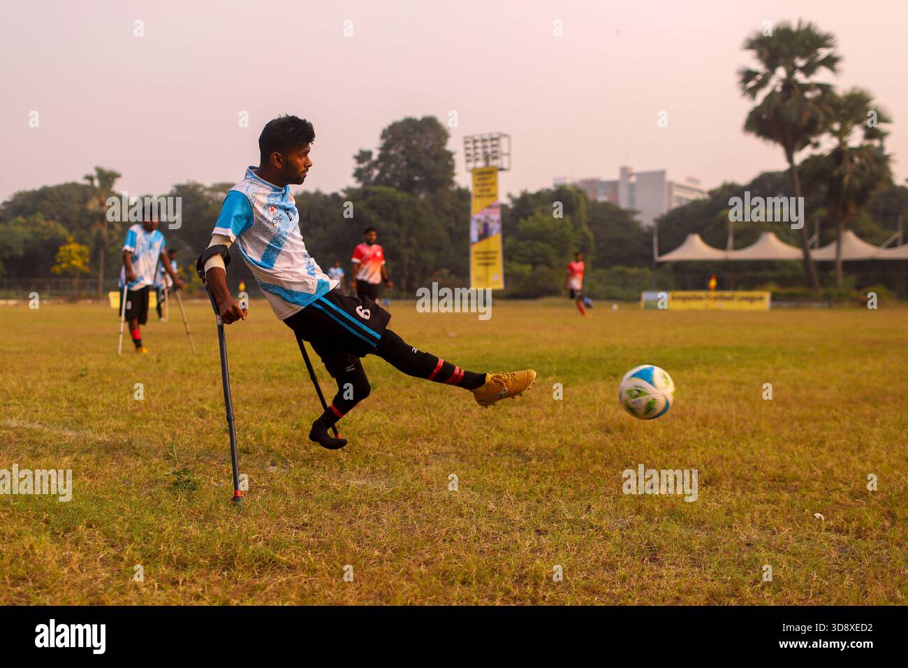 Dhaka, Dhaka, BANGLADESH. 2nd Dec, 2025. Players with physical disabilities take part in an amputee football match in Dhaka, Bangladesh, on 02 December 2025. The country's first-ever Amputee Football League, launched with support from Sports for Hope & Independence and the International Committee of the Red Cross, began as part of activities marking the International Day of Persons with Disabilities. (Credit Image: © Abu Sufian Jewel/ZUMA Press Wire) EDITORIAL USAGE ONLY! Not for Commercial USAGE! Stock Photo