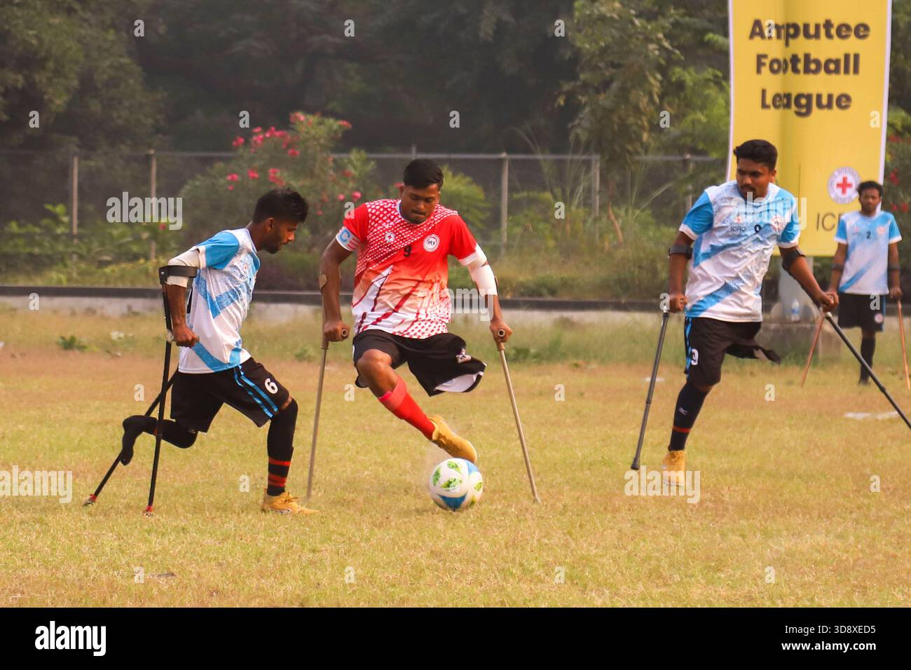 Dhaka, Dhaka, BANGLADESH. 2nd Dec, 2025. Players with physical disabilities take part in an amputee football match in Dhaka, Bangladesh, on 02 December 2025. The country's first-ever Amputee Football League, launched with support from Sports for Hope & Independence and the International Committee of the Red Cross, began as part of activities marking the International Day of Persons with Disabilities. (Credit Image: © Abu Sufian Jewel/ZUMA Press Wire) EDITORIAL USAGE ONLY! Not for Commercial USAGE! Stock Photo