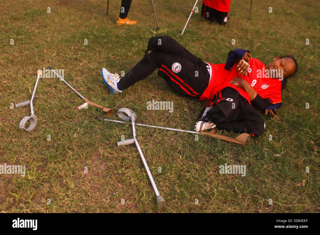 Dhaka, Dhaka, BANGLADESH. 2nd Dec, 2025. Players with physical disabilities take part in an amputee football match in Dhaka, Bangladesh, on 02 December 2025. The country's first-ever Amputee Football League, launched with support from Sports for Hope & Independence and the International Committee of the Red Cross, began as part of activities marking the International Day of Persons with Disabilities. (Credit Image: © Abu Sufian Jewel/ZUMA Press Wire) EDITORIAL USAGE ONLY! Not for Commercial USAGE! Stock Photo
