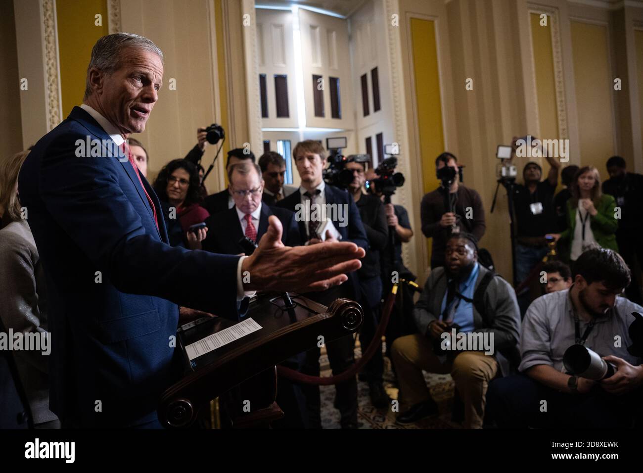 Senate Majority Leader John Thune (R-S.D.) speaks during a press ...