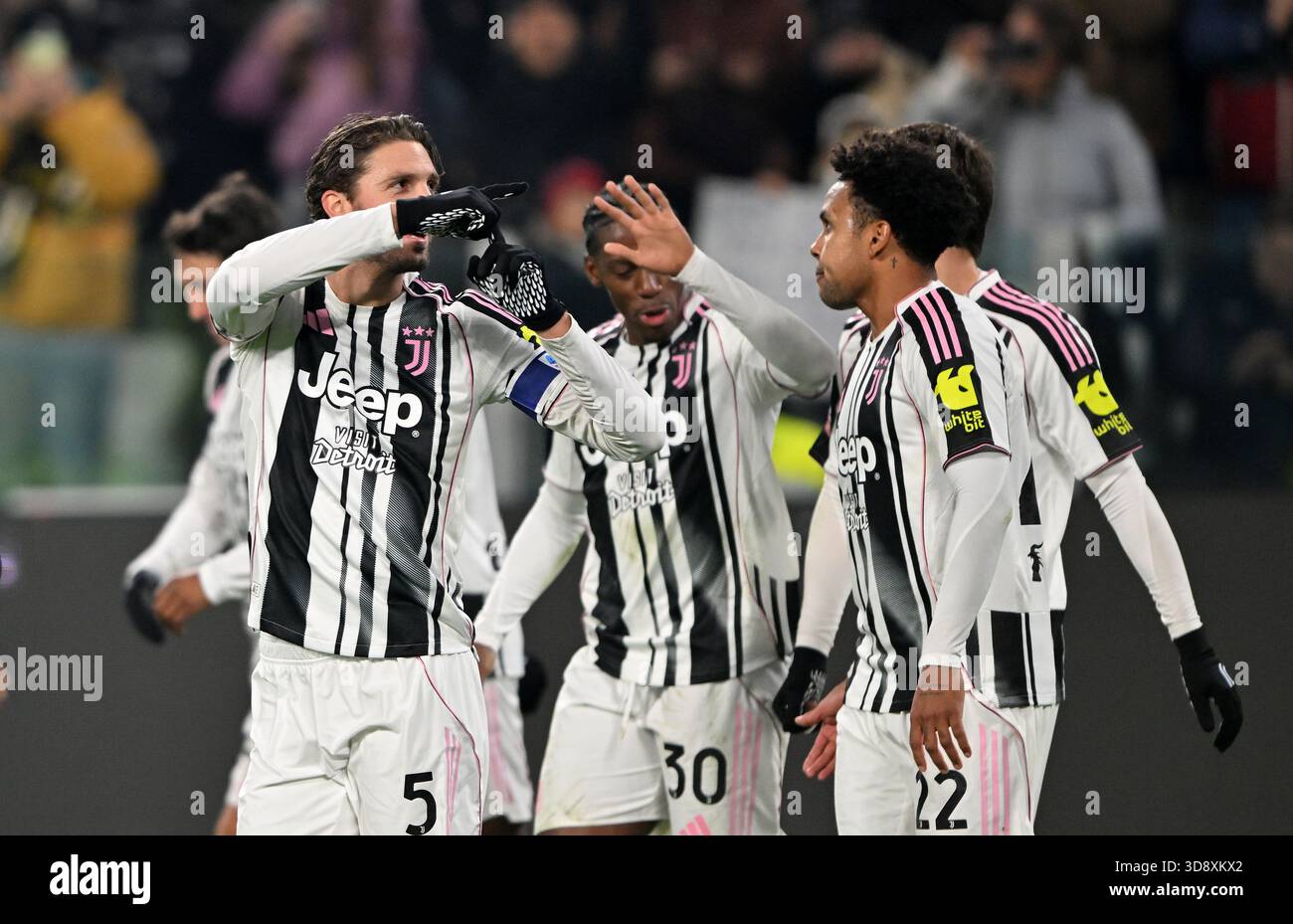 Manuel Locatelli of Juventus FC celebrates goal during the Coppa Italia  match between Juventus FC and Udinese Calcio at Allianz Stadium on December  02, 2025 in Turin, Italy. (Photo by Chris Ricco, image size:1300x929