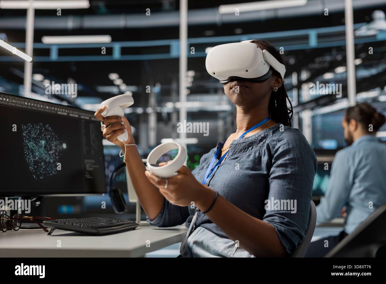 Data center engineer running diagnostic scripts using VR headset, examining equipment. Server room worker using virtual reality to evaluate rackmounts performance metrics, maintaining system stability Stock Photo