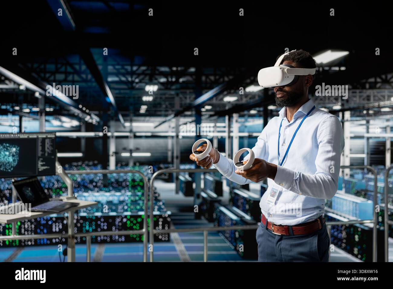 Server hub male programmer using virtual reality technology to simulate ...
