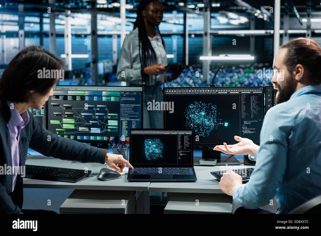Programmers doing brainstorming in data center, using AI LLM assistant to do maintenance on equipment rigs. Server hub admins working together, using large language model chatbot to do backups Stock Photo
