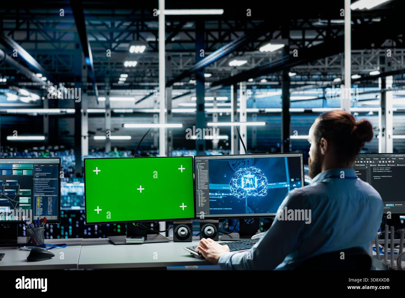 Data center engineer using green screen computer to run AI forecasting simulations, tracking performance. Server hub worker using mockup PC to integrate machine learning APIs into software platforms Stock Photo