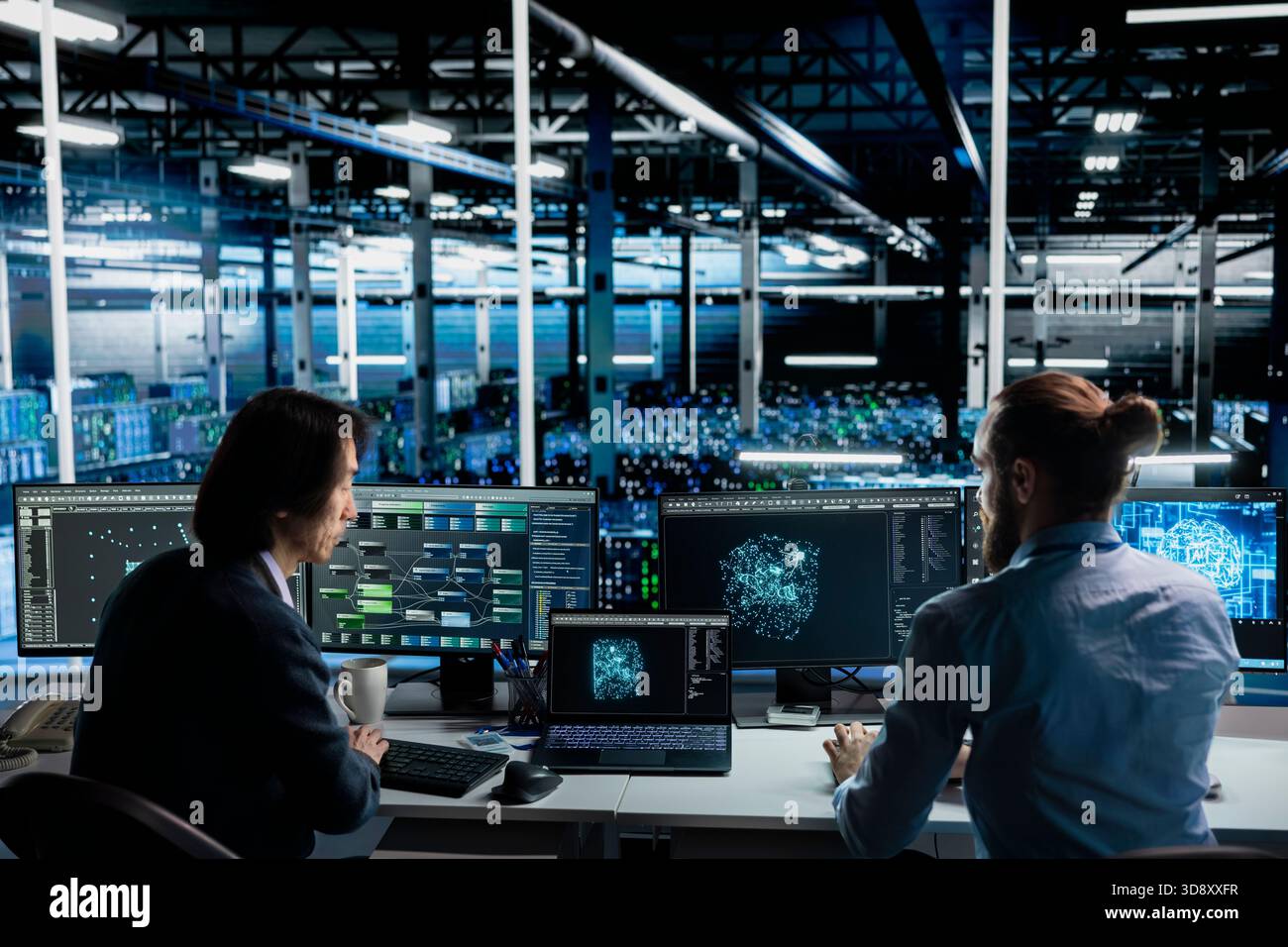Team of engineers working together in data center, optimizing hardware for AI tasks, increasing workloads. Teamworking server hub colleagues automating system diagnostics using deep learning Stock Photo