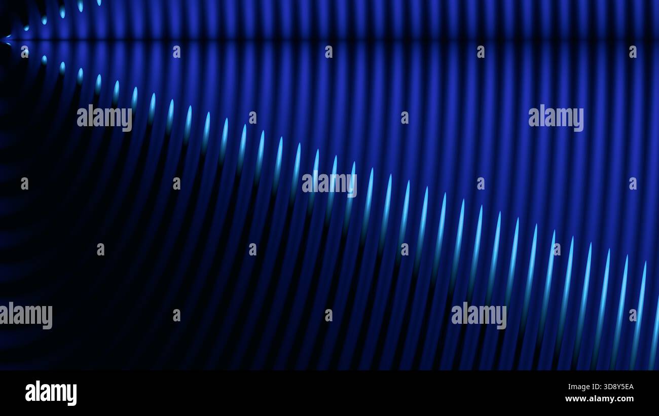 Dark blue abstract background with a dynamic pattern of illuminated vertical lines, resembling a sound equalizer or light wave moving across the space Stock Photo
