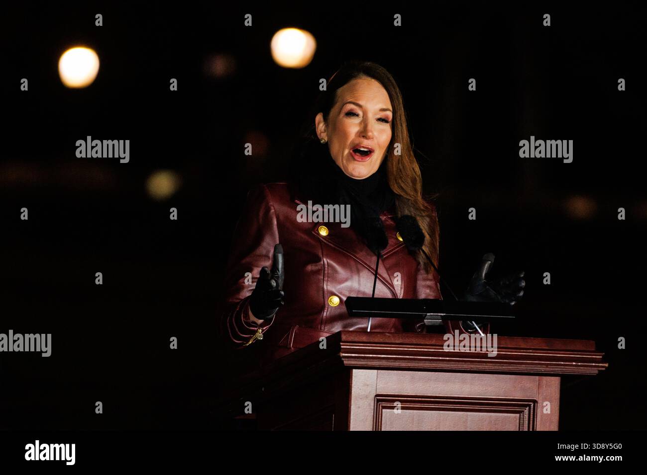 Washington, United States. 02nd Dec, 2025. U.S. Secretary of Agriculture Brooke Rollins speaks during the U.S. Capitol Christmas Tree Lighting ceremony on December 2, 2025 in Washington, DC This years U.S. Capitol Christmas Tree is a 53-foot red fir from the Humboldt-Toiyabe National Forest in Nevada, the first Capitol Christmas Tree from the state. (Photo by Samuel Corum/Sipa USA) Credit: Sipa USA/Alamy Live News Stock Photo