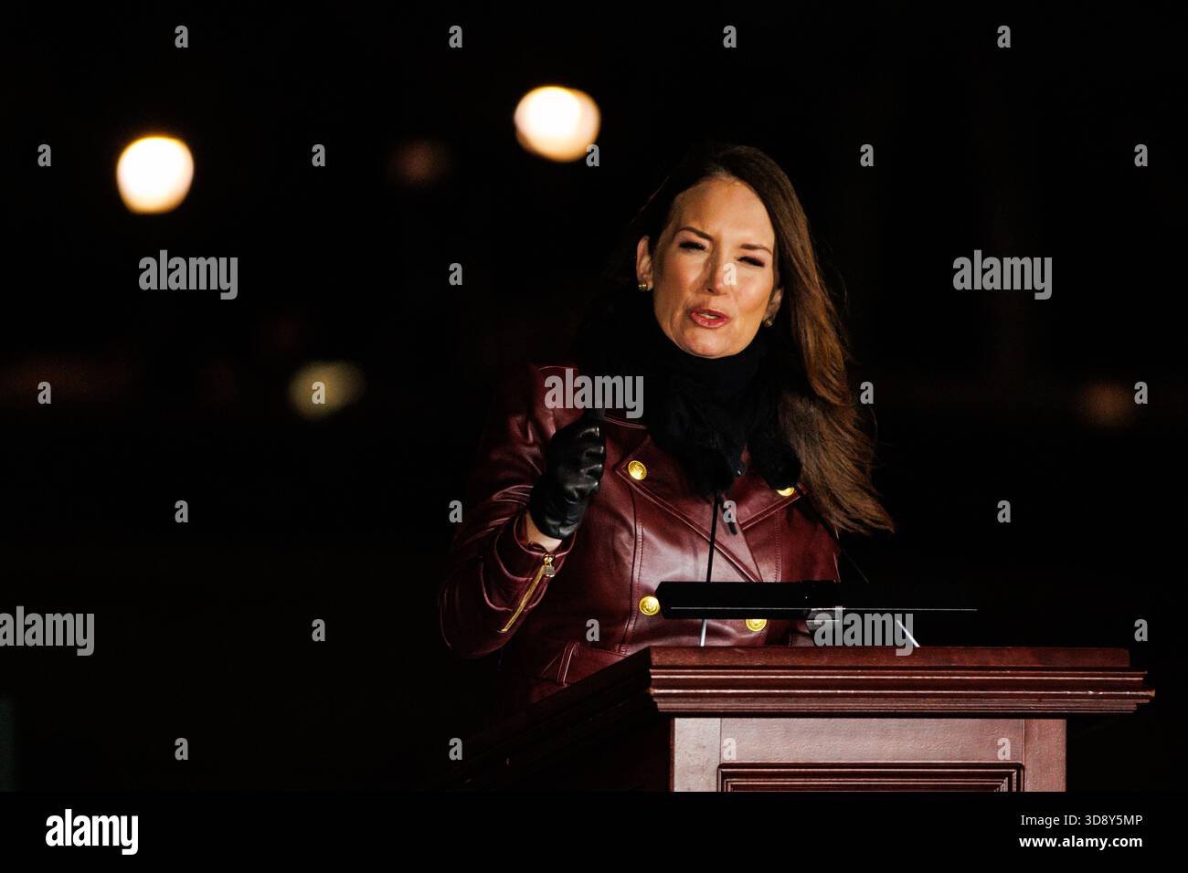 Washington, United States. 02nd Dec, 2025. U.S. Secretary of Agriculture Brooke Rollins speaks during the U.S. Capitol Christmas Tree Lighting ceremony on December 2, 2025 in Washington, DC This years U.S. Capitol Christmas Tree is a 53-foot red fir from the Humboldt-Toiyabe National Forest in Nevada, the first Capitol Christmas Tree from the state. (Photo by Samuel Corum/Sipa USA) Credit: Sipa USA/Alamy Live News Stock Photo