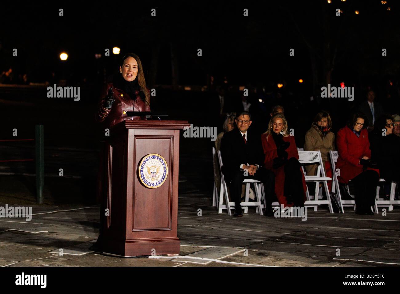 Washington, United States. 02nd Dec, 2025. U.S. Secretary of Agriculture Brooke Rollins speaks during the U.S. Capitol Christmas Tree Lighting ceremony on December 2, 2025 in Washington, DC This years U.S. Capitol Christmas Tree is a 53-foot red fir from the Humboldt-Toiyabe National Forest in Nevada, the first Capitol Christmas Tree from the state. (Photo by Samuel Corum/Sipa USA) Credit: Sipa USA/Alamy Live News Stock Photo