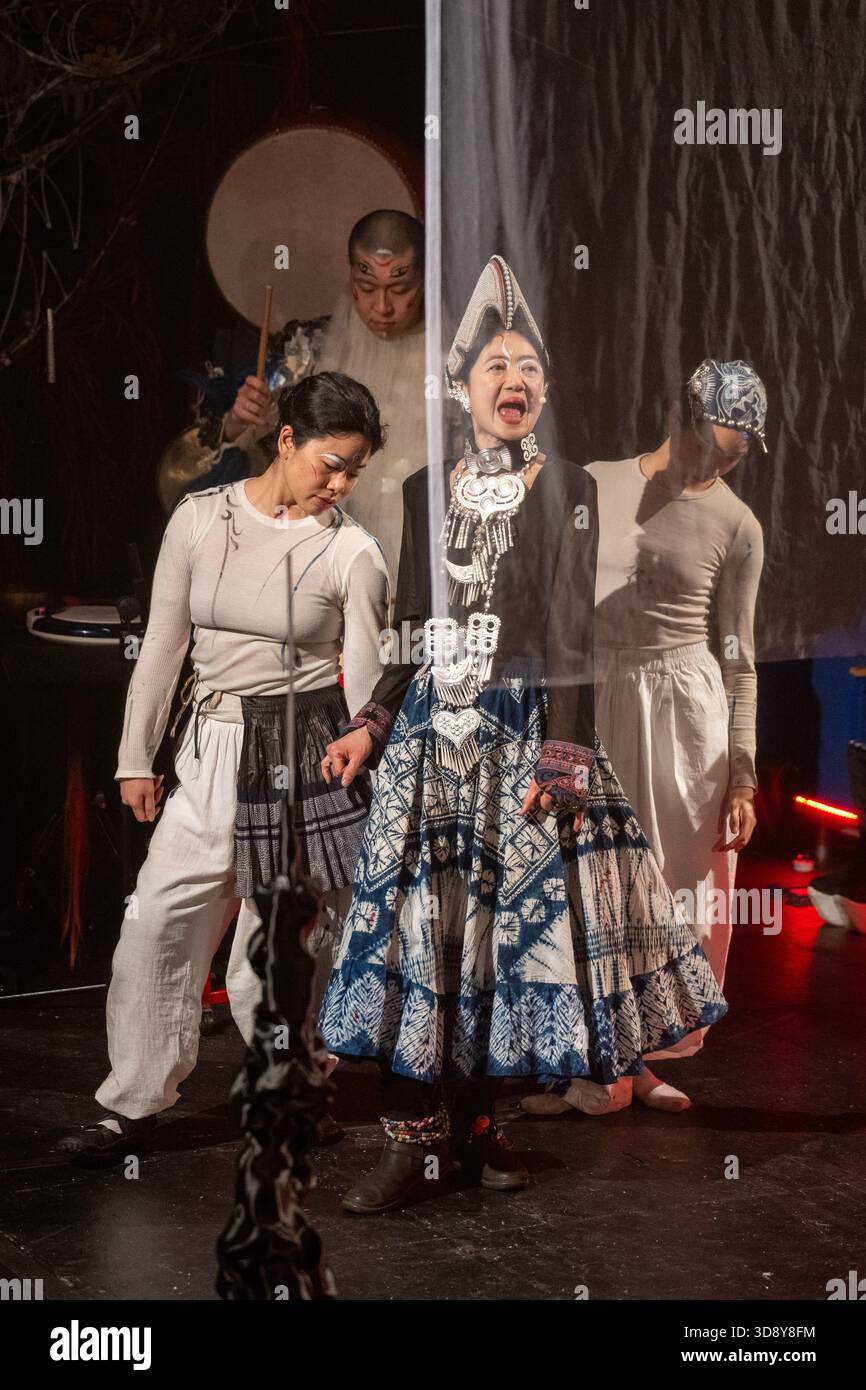 London, UK, 2nd December 2025, Mountains and Seas – Song of Today 山海 · 今日之歌, is inspired by the rich narrative of the 4th-century BCE text The Classic of Mountains and Seas and its fantastical compilation of myths, beasts, heroes, folklore and landscapes. Using this connection between myth, nature and scientific thought as its inspiration, the show explores 21st century issues of climate crisis, activism and rising global fascism. On at the Omnibus Theatre in Clapham from 2nd till 6th December 2026., Andrew Lalchan Photography/Alamy Live News Stock Photo