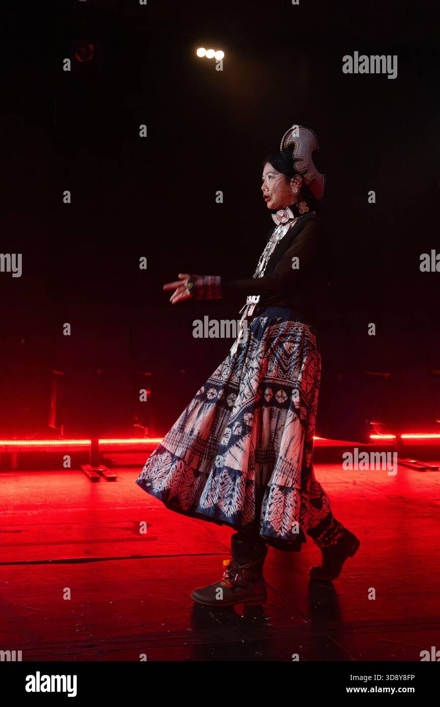 London, UK, 2nd December 2025, Mountains and Seas – Song of Today 山海 · 今日之歌, is inspired by the rich narrative of the 4th-century BCE text The Classic of Mountains and Seas and its fantastical compilation of myths, beasts, heroes, folklore and landscapes. Using this connection between myth, nature and scientific thought as its inspiration, the show explores 21st century issues of climate crisis, activism and rising global fascism. On at the Omnibus Theatre in Clapham from 2nd till 6th December 2026., Andrew Lalchan Photography/Alamy Live News Stock Photo