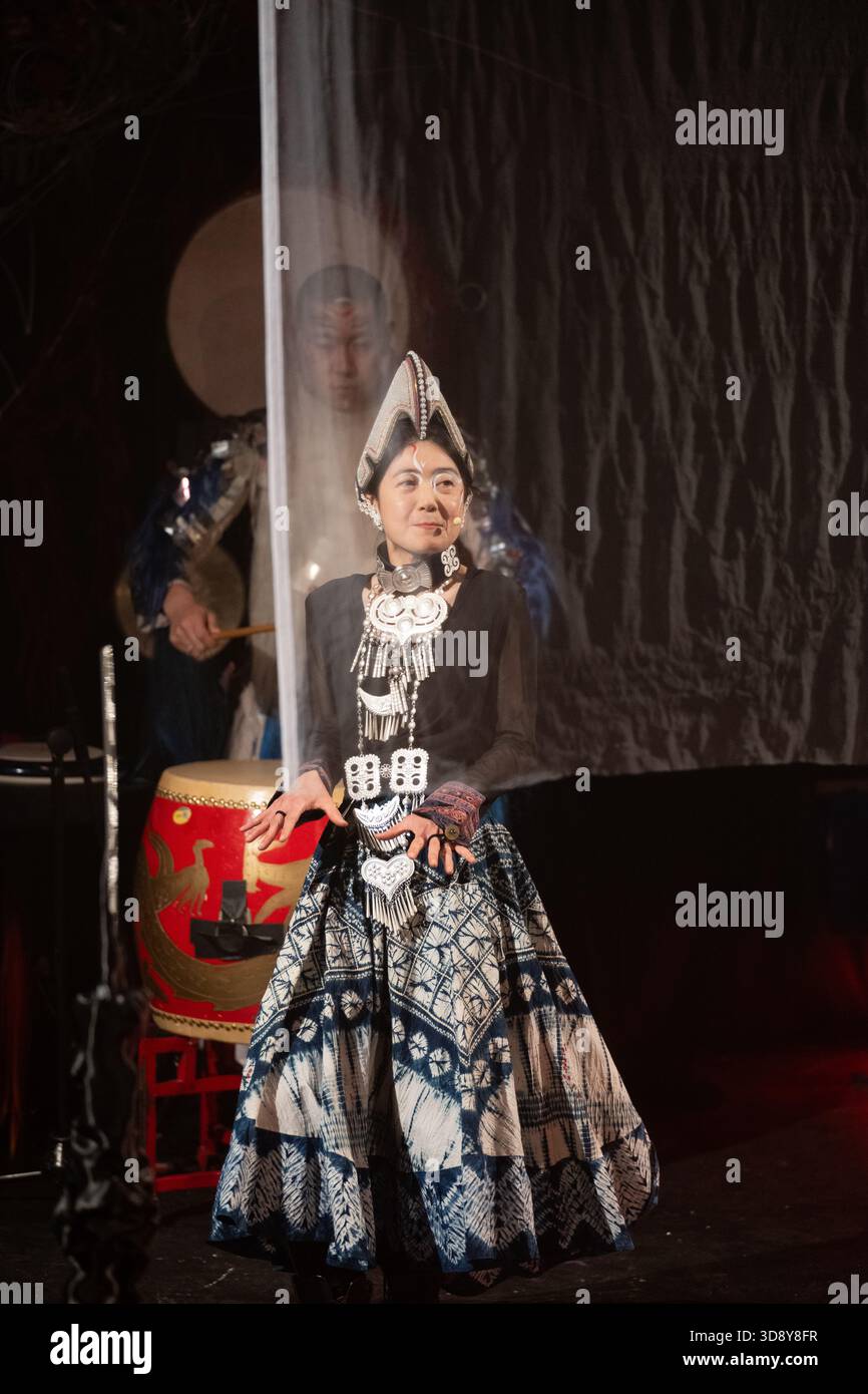 London, UK, 2nd December 2025, Mountains and Seas – Song of Today 山海 · 今日之歌, is inspired by the rich narrative of the 4th-century BCE text The Classic of Mountains and Seas and its fantastical compilation of myths, beasts, heroes, folklore and landscapes. Using this connection between myth, nature and scientific thought as its inspiration, the show explores 21st century issues of climate crisis, activism and rising global fascism. On at the Omnibus Theatre in Clapham from 2nd till 6th December 2026., Andrew Lalchan Photography/Alamy Live News Stock Photo