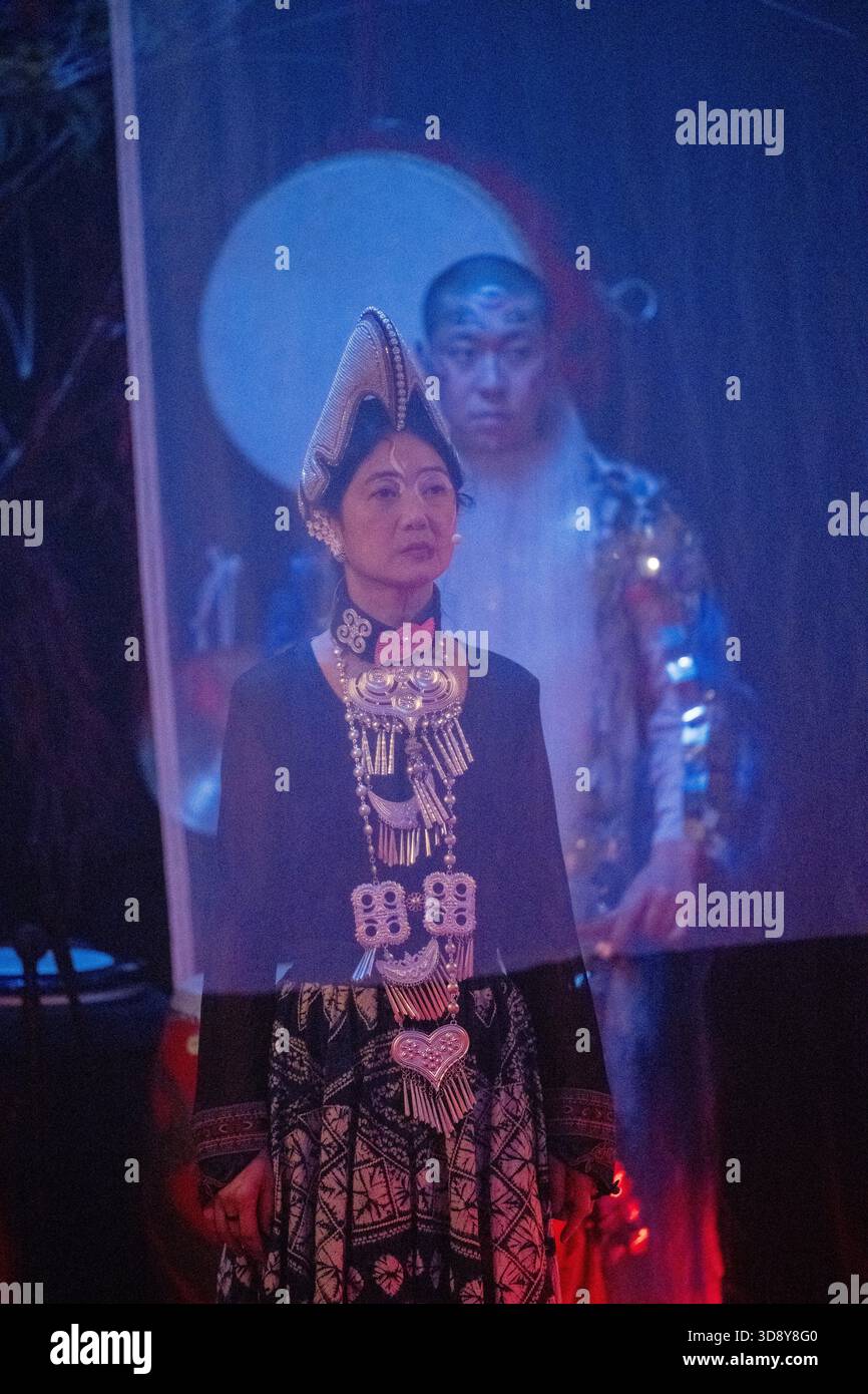 London, UK, 2nd December 2025, Mountains and Seas – Song of Today 山海 · 今日之歌, is inspired by the rich narrative of the 4th-century BCE text The Classic of Mountains and Seas and its fantastical compilation of myths, beasts, heroes, folklore and landscapes. Using this connection between myth, nature and scientific thought as its inspiration, the show explores 21st century issues of climate crisis, activism and rising global fascism. On at the Omnibus Theatre in Clapham from 2nd till 6th December 2026., Andrew Lalchan Photography/Alamy Live News Stock Photo