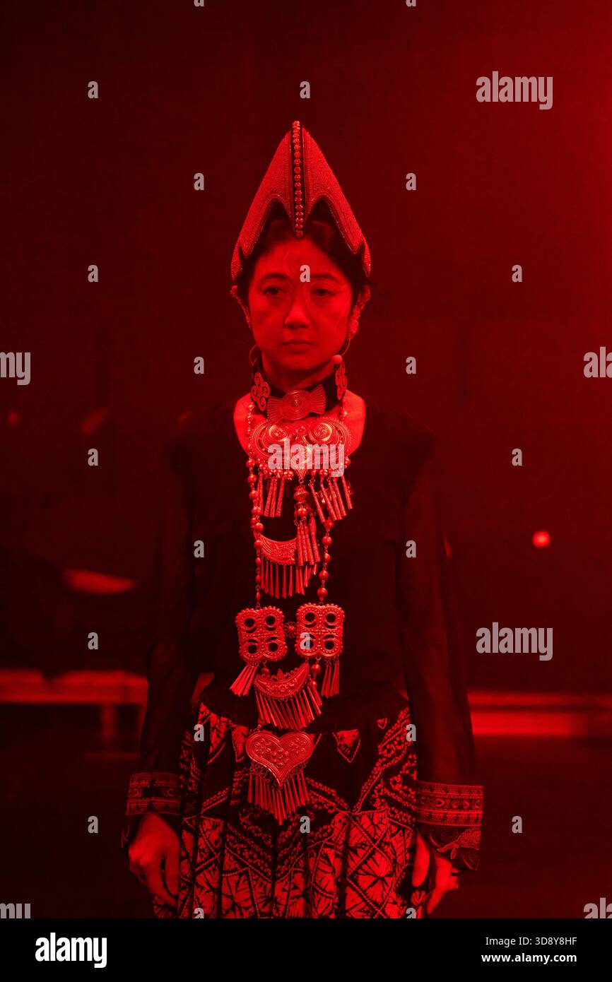 London, UK, 2nd December 2025, Mountains and Seas – Song of Today 山海 · 今日之歌, is inspired by the rich narrative of the 4th-century BCE text The Classic of Mountains and Seas and its fantastical compilation of myths, beasts, heroes, folklore and landscapes. Using this connection between myth, nature and scientific thought as its inspiration, the show explores 21st century issues of climate crisis, activism and rising global fascism. On at the Omnibus Theatre in Clapham from 2nd till 6th December 2026., Andrew Lalchan Photography/Alamy Live News Stock Photo