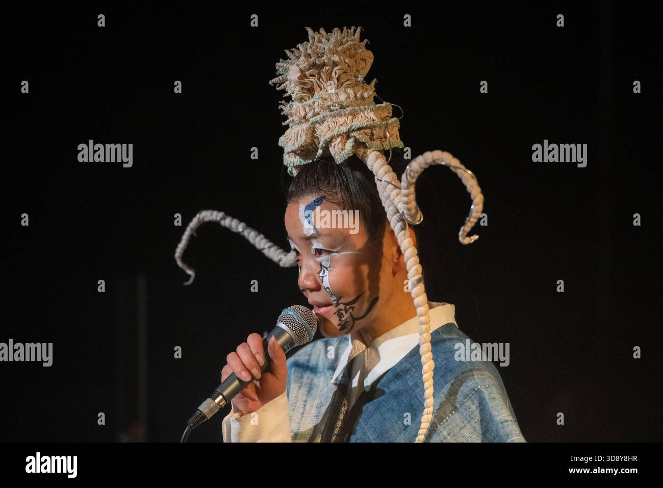 London, UK, 2nd December 2025, Mountains and Seas – Song of Today 山海 · 今日之歌, is inspired by the rich narrative of the 4th-century BCE text The Classic of Mountains and Seas and its fantastical compilation of myths, beasts, heroes, folklore and landscapes. Using this connection between myth, nature and scientific thought as its inspiration, the show explores 21st century issues of climate crisis, activism and rising global fascism. On at the Omnibus Theatre in Clapham from 2nd till 6th December 2026., Andrew Lalchan Photography/Alamy Live News Stock Photo