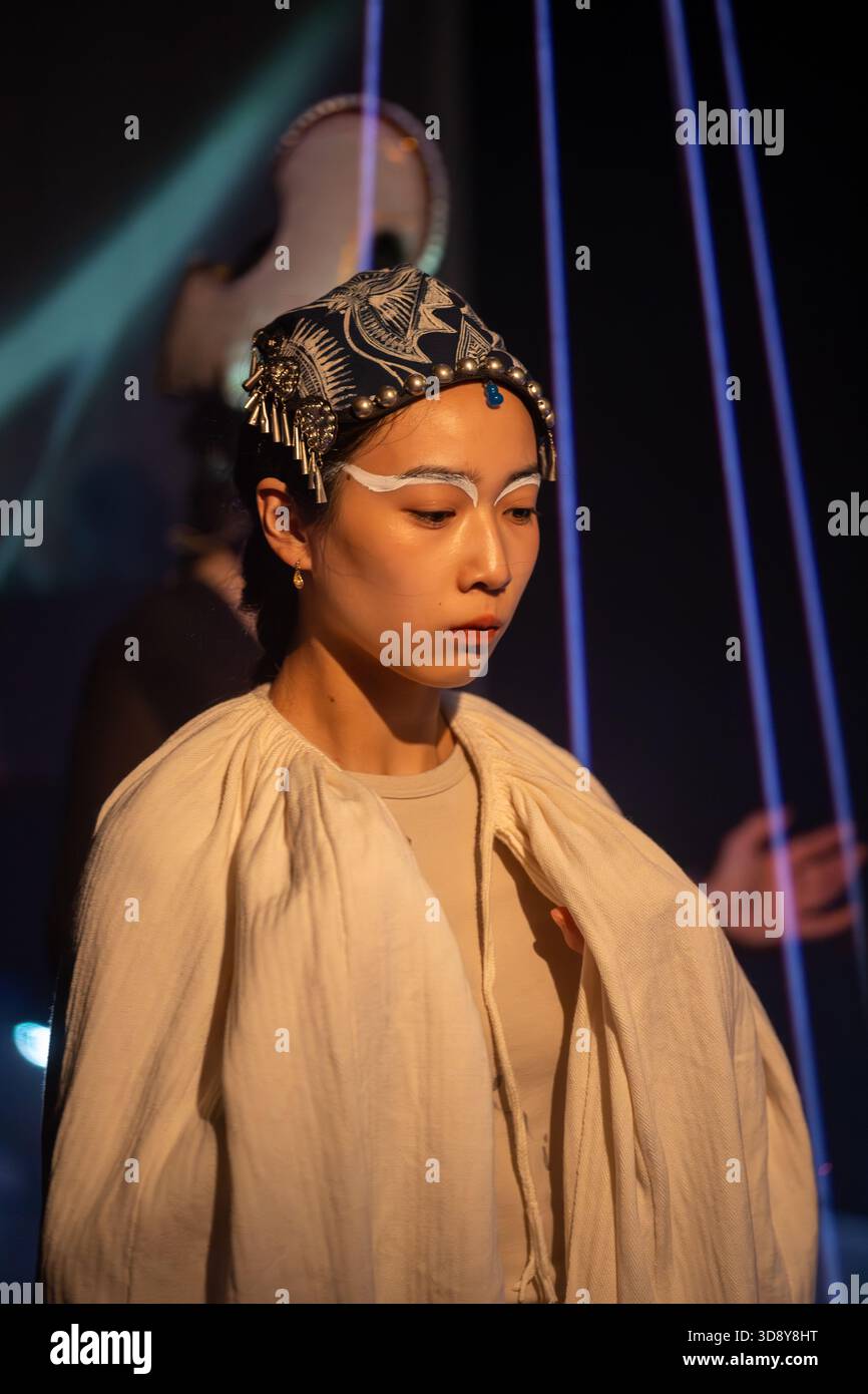 London, UK, 2nd December 2025, Mountains and Seas – Song of Today 山海 · 今日之歌, is inspired by the rich narrative of the 4th-century BCE text The Classic of Mountains and Seas and its fantastical compilation of myths, beasts, heroes, folklore and landscapes. Using this connection between myth, nature and scientific thought as its inspiration, the show explores 21st century issues of climate crisis, activism and rising global fascism. On at the Omnibus Theatre in Clapham from 2nd till 6th December 2026., Andrew Lalchan Photography/Alamy Live News Stock Photo