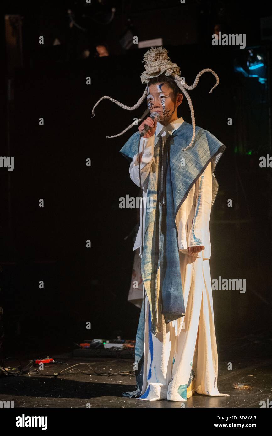 London, UK, 2nd December 2025, Mountains and Seas – Song of Today 山海 · 今日之歌, is inspired by the rich narrative of the 4th-century BCE text The Classic of Mountains and Seas and its fantastical compilation of myths, beasts, heroes, folklore and landscapes. Using this connection between myth, nature and scientific thought as its inspiration, the show explores 21st century issues of climate crisis, activism and rising global fascism. On at the Omnibus Theatre in Clapham from 2nd till 6th December 2026., Andrew Lalchan Photography/Alamy Live News Stock Photo