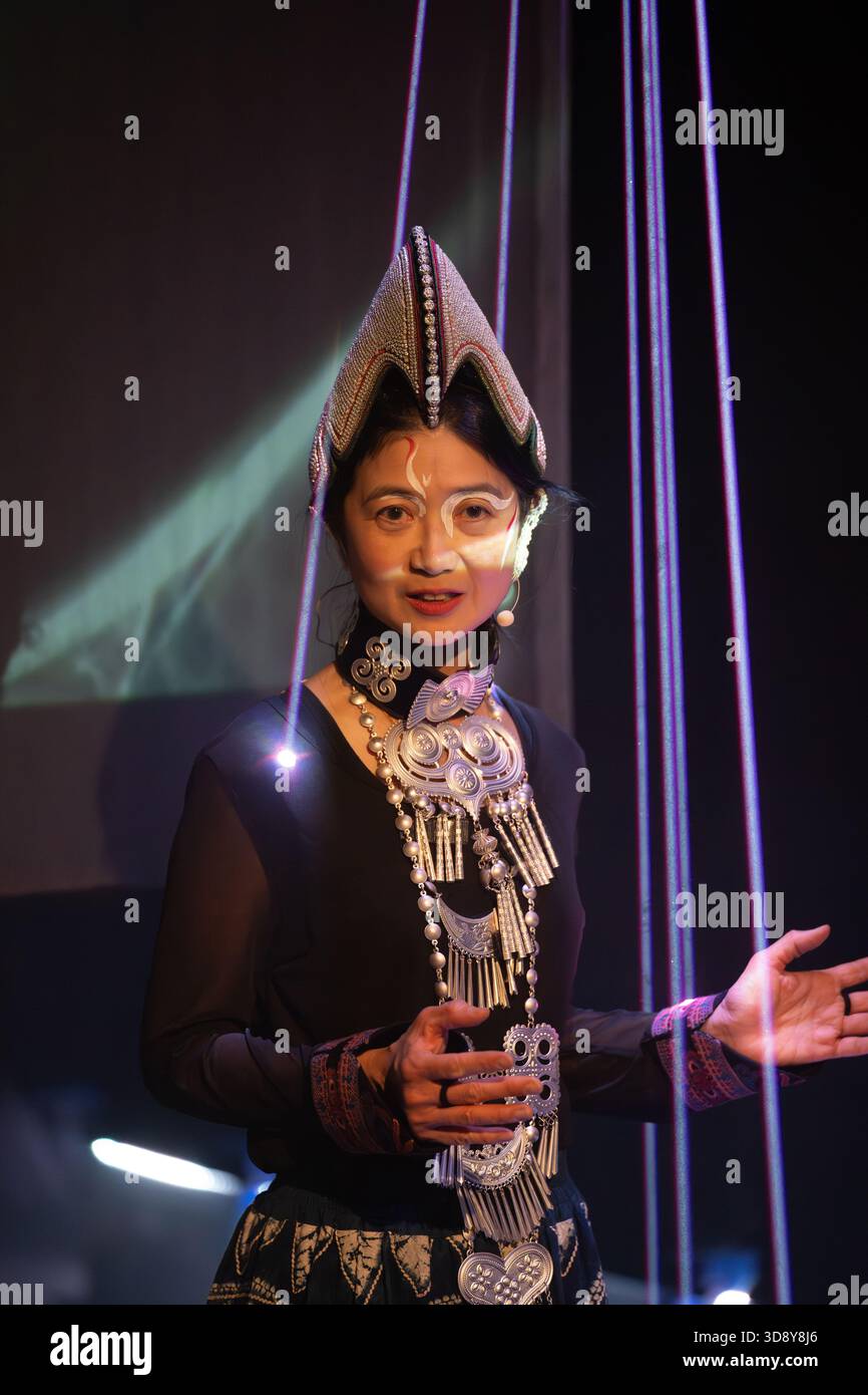 London, UK, 2nd December 2025, Mountains and Seas – Song of Today 山海 · 今日之歌, is inspired by the rich narrative of the 4th-century BCE text The Classic of Mountains and Seas and its fantastical compilation of myths, beasts, heroes, folklore and landscapes. Using this connection between myth, nature and scientific thought as its inspiration, the show explores 21st century issues of climate crisis, activism and rising global fascism. On at the Omnibus Theatre in Clapham from 2nd till 6th December 2026., Andrew Lalchan Photography/Alamy Live News Stock Photo