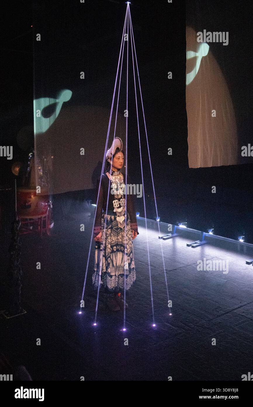 London, UK, 2nd December 2025, Mountains and Seas – Song of Today 山海 · 今日之歌, is inspired by the rich narrative of the 4th-century BCE text The Classic of Mountains and Seas and its fantastical compilation of myths, beasts, heroes, folklore and landscapes. Using this connection between myth, nature and scientific thought as its inspiration, the show explores 21st century issues of climate crisis, activism and rising global fascism. On at the Omnibus Theatre in Clapham from 2nd till 6th December 2026., Andrew Lalchan Photography/Alamy Live News Stock Photo