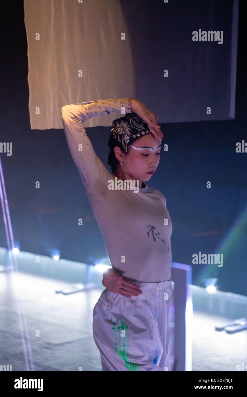 London, UK, 2nd December 2025, Mountains and Seas – Song of Today 山海 · 今日之歌, is inspired by the rich narrative of the 4th-century BCE text The Classic of Mountains and Seas and its fantastical compilation of myths, beasts, heroes, folklore and landscapes. Using this connection between myth, nature and scientific thought as its inspiration, the show explores 21st century issues of climate crisis, activism and rising global fascism. On at the Omnibus Theatre in Clapham from 2nd till 6th December 2026., Andrew Lalchan Photography/Alamy Live News Stock Photo