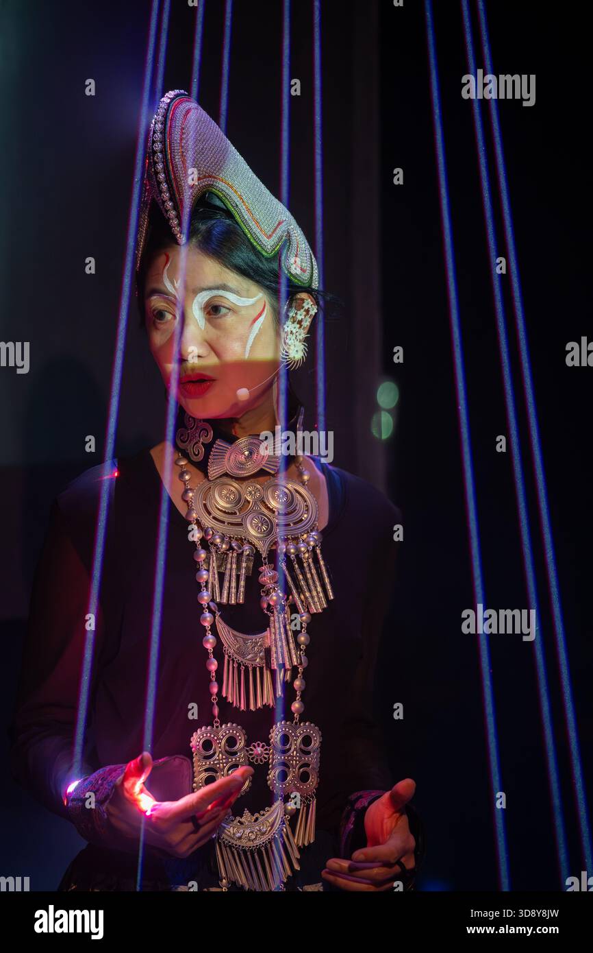 London, UK, 2nd December 2025, Mountains and Seas – Song of Today 山海 · 今日之歌, is inspired by the rich narrative of the 4th-century BCE text The Classic of Mountains and Seas and its fantastical compilation of myths, beasts, heroes, folklore and landscapes. Using this connection between myth, nature and scientific thought as its inspiration, the show explores 21st century issues of climate crisis, activism and rising global fascism. On at the Omnibus Theatre in Clapham from 2nd till 6th December 2026., Andrew Lalchan Photography/Alamy Live News Stock Photo