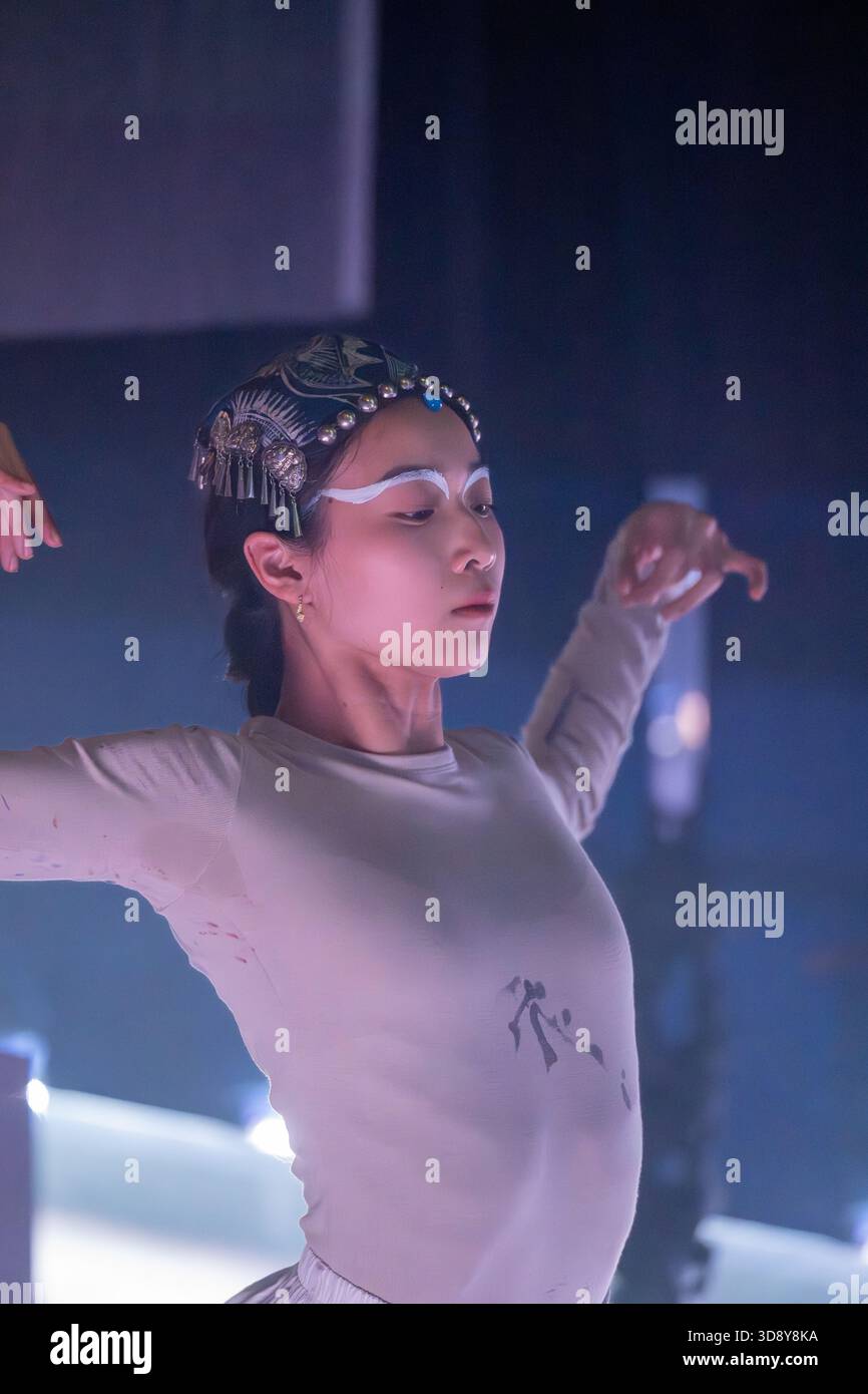 London, UK, 2nd December 2025, Mountains and Seas – Song of Today 山海 · 今日之歌, is inspired by the rich narrative of the 4th-century BCE text The Classic of Mountains and Seas and its fantastical compilation of myths, beasts, heroes, folklore and landscapes. Using this connection between myth, nature and scientific thought as its inspiration, the show explores 21st century issues of climate crisis, activism and rising global fascism. On at the Omnibus Theatre in Clapham from 2nd till 6th December 2026., Andrew Lalchan Photography/Alamy Live News Stock Photo