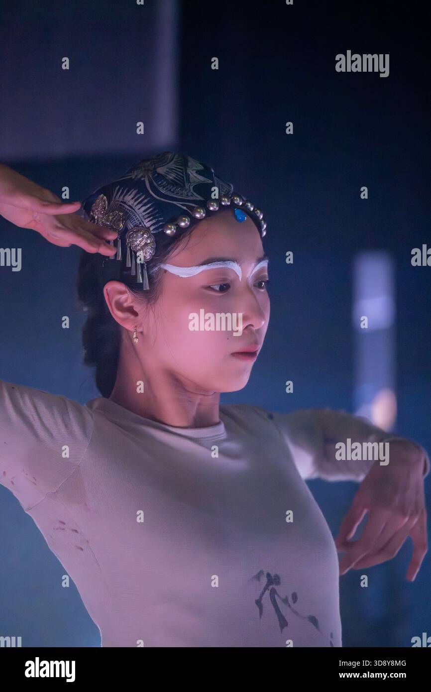 London, UK, 2nd December 2025, Mountains and Seas – Song of Today 山海 · 今日之歌, is inspired by the rich narrative of the 4th-century BCE text The Classic of Mountains and Seas and its fantastical compilation of myths, beasts, heroes, folklore and landscapes. Using this connection between myth, nature and scientific thought as its inspiration, the show explores 21st century issues of climate crisis, activism and rising global fascism. On at the Omnibus Theatre in Clapham from 2nd till 6th December 2026., Andrew Lalchan Photography/Alamy Live News Stock Photo