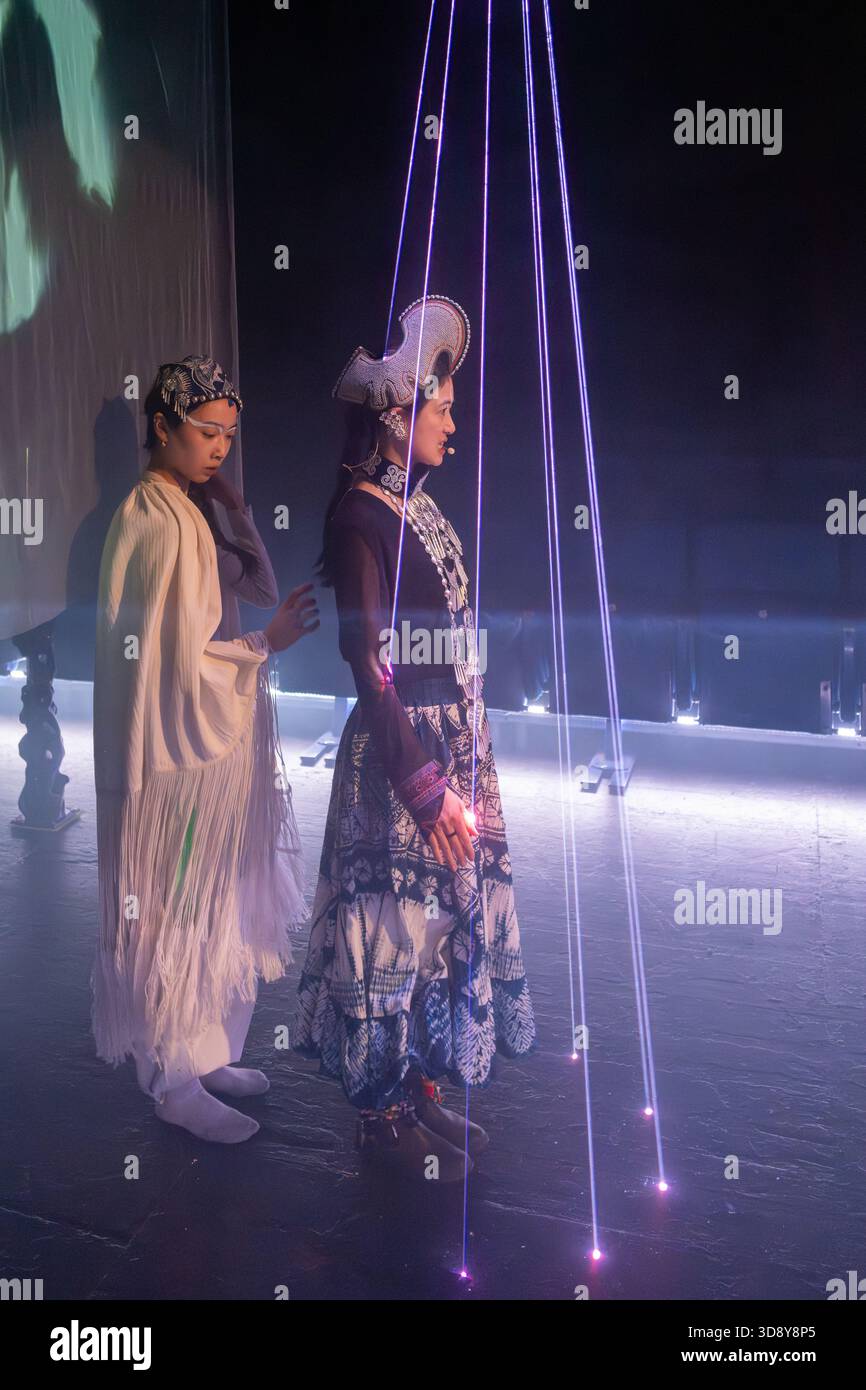 London, UK, 2nd December 2025, Mountains and Seas – Song of Today 山海 · 今日之歌, is inspired by the rich narrative of the 4th-century BCE text The Classic of Mountains and Seas and its fantastical compilation of myths, beasts, heroes, folklore and landscapes. Using this connection between myth, nature and scientific thought as its inspiration, the show explores 21st century issues of climate crisis, activism and rising global fascism. On at the Omnibus Theatre in Clapham from 2nd till 6th December 2026., Andrew Lalchan Photography/Alamy Live News Stock Photo