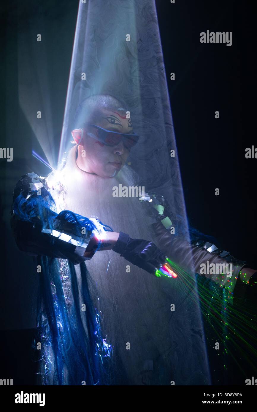 London, UK, 2nd December 2025, Mountains and Seas – Song of Today 山海 · 今日之歌, is inspired by the rich narrative of the 4th-century BCE text The Classic of Mountains and Seas and its fantastical compilation of myths, beasts, heroes, folklore and landscapes. Using this connection between myth, nature and scientific thought as its inspiration, the show explores 21st century issues of climate crisis, activism and rising global fascism. On at the Omnibus Theatre in Clapham from 2nd till 6th December 2026., Andrew Lalchan Photography/Alamy Live News Stock Photo